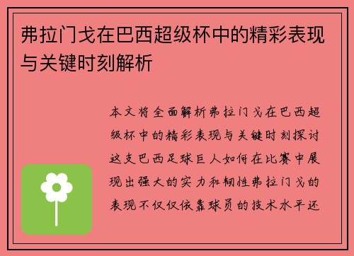 弗拉门戈在巴西超级杯中的精彩表现与关键时刻解析