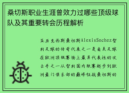 桑切斯职业生涯曾效力过哪些顶级球队及其重要转会历程解析